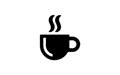 Black vector icon of a hot cup of coffee, tea, or other beverage with steam rising