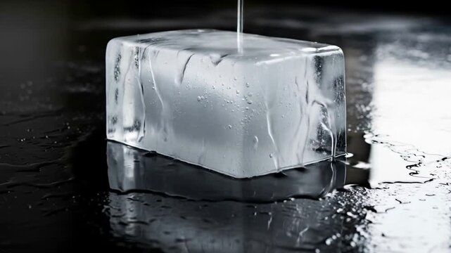 A large, clear rectangular block of ice on a dark, reflective surface, with water dripping and melting around it.
