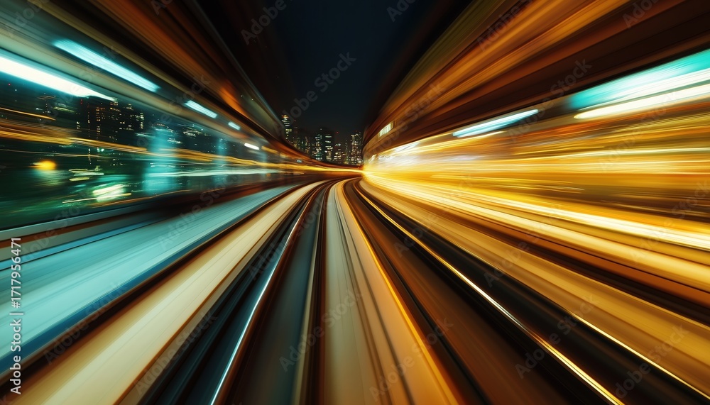 Poster speeding through the night: abstract metro views from the first railway carriage with motion blur an