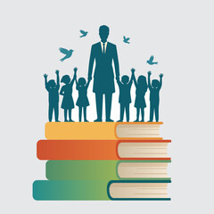 Teacher and Children Standing on Books Illustration for Teacher’s Day Logo and Education Concept, world teachers day
