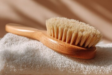 Wooden Brush with Natural Bristles on White Towel in Soft Light, Wellness Concept