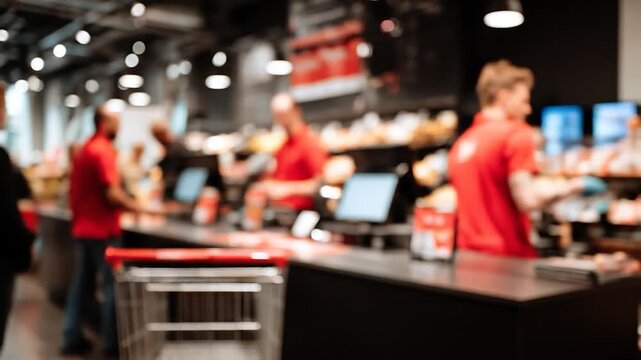 Blurred supermarket view showing a red shopping cart and staff