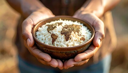 World Food Day : Hands holding a bowl of rice with a world map design, symbolizing global food security and sustainability.