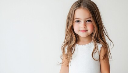 Charming Little Girl In A Full-Length Portrait Against A White Background, Capturing Her Innocence And Sweetness Perfectly.