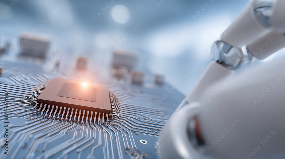 Aufkleber close-up view of a robotic hand interacting with a microchip, showcasing advancements in technology 