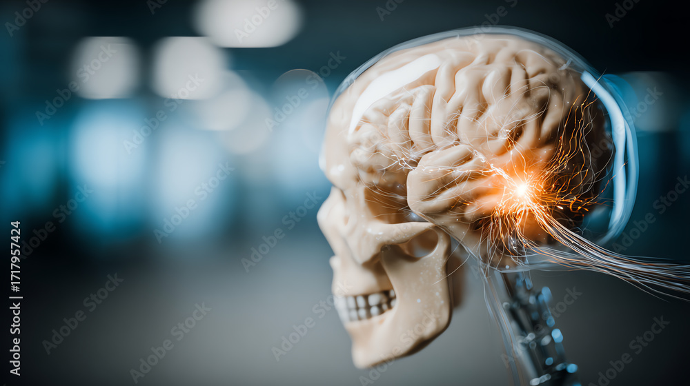 Poster close-up view of an illuminated human brain model illustrating neural activity and cognitive process