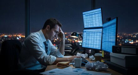 A stressed businessman working late at night on multiple computer monitors displaying financial data charts and graphs