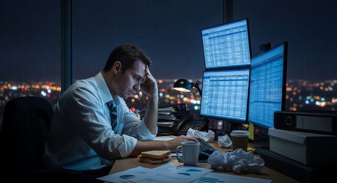 A stressed businessman working late at night on multiple computer monitors displaying financial data charts and graphs - Powered by Adobe