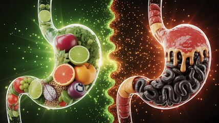 Healthy fruit filled stomach vs unhealthy dark intestines