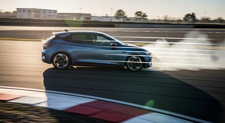 Obraz premium A sleek blue performance car drifts expertly on a race track kicking up white smoke during a sunny daytime competition