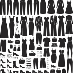 Black and white silhouette set of various men's and women's clothing, footwear, and accessories, including formal, casual, and elegant outfits for fashion themes.