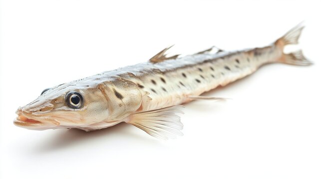 A whole, light brown snakefish lies on a white surface. The fish has a long, slender body with distinctive dark spots along its sides. It has a prominent, pointed snout and a small, dark eye. 