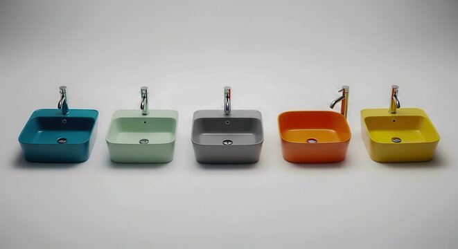 Modern Colorful Ceramic Bathroom Sinks with Chrome Faucets in Studio Shot