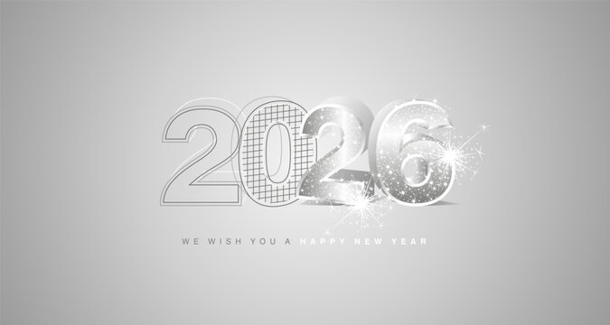 We wish you a happy new year 2026 eve. Architecture construction or mechanical engineering from line drawing to 3d silver model numbers of 2026 with sparkle firework on silver grey background