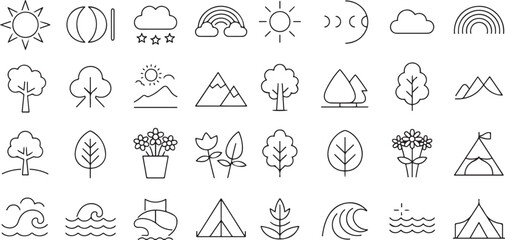 Fototapeta premium Colorful flat vector icon set of nature and outdoors elements, including sun icon, moon phases, cloud set, rainbow and more, clean vector outline, uniform thin stroke, modern design