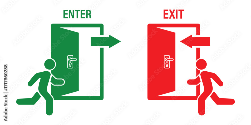 Poster man enters and exits the room through the door. entry and exit sign. vector