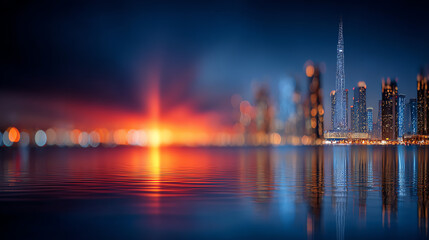 Naklejka premium Stunning skyline illuminated by sunset, reflecting vibrant colors on water, capturing urban beauty and architectural marvels.