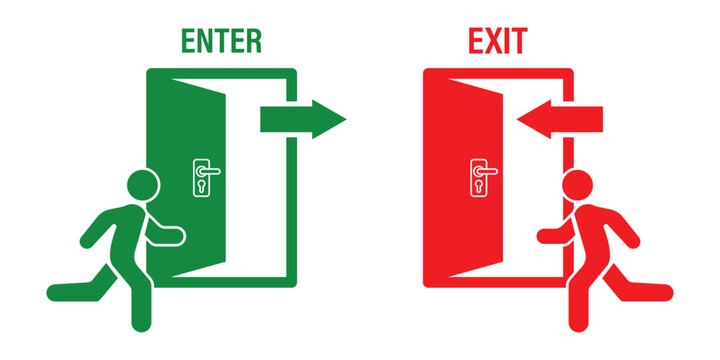 Man enters and exits the room through the door. Entry and exit sign. Vector