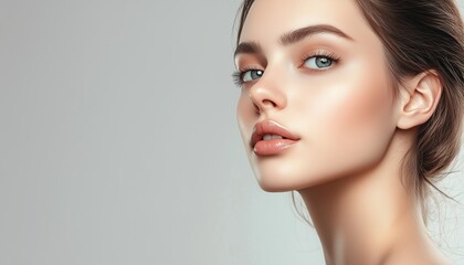 Portrait Of A Young Woman With Flawless Skin And A Neck Lift, Correcting A Double Chin For A Youthful Appearance.