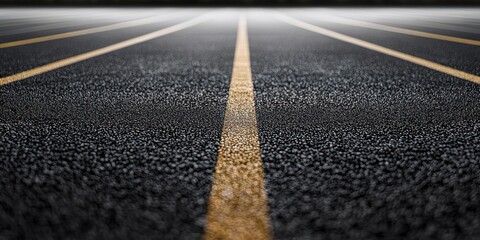 A long, dark asphalt road stretches into the distance, marked with bright yellow lane dividers. A strong light source, positioned directly above the road, creates a dramatic beam of light 