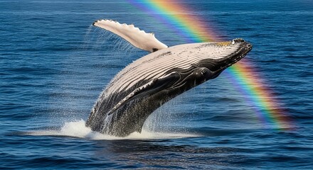 Fototapeta premium Majestic humpback whale breaches out of ocean water with a vibrant rainbow arc behind its powerful body in a breathtaking display of nature's wonder