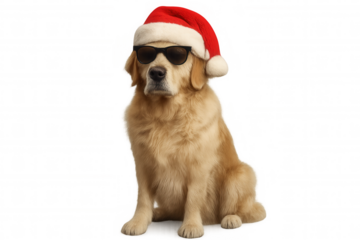 Golden retriever wearing santa hat and sunglasses isolated on transparent background for christmas holiday design