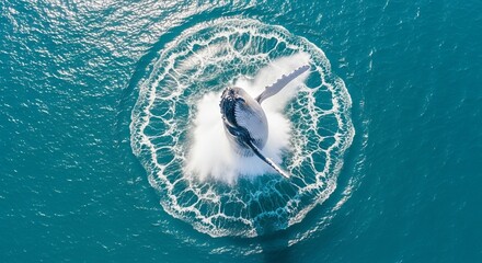 Majestic humpback whale breaching the ocean surface creating a powerful spray of water with its fins and fluke