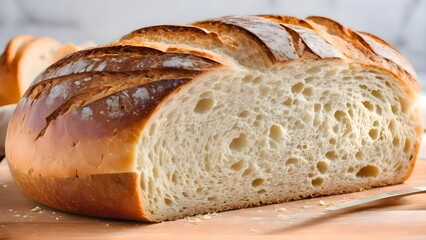 Loaf of bread placed on a cutting board with a knife beside it, emphasizing bakery, homemade food, culinary preparation, and rustic lifestyle suitable for food and culinary photography