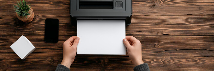  a person is pulling out a sheet of paper from their printer, sitting on top of an empty wooden table with a grey wall in the background.
