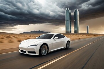 Sleek white sports car drives on desert road towards futuristic cityscape