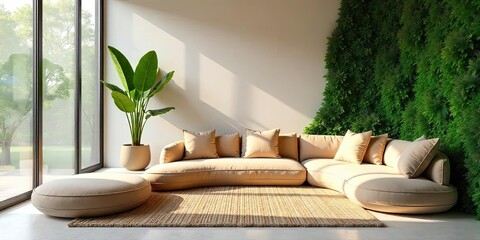 Serene living room interior design featuring a curved beige sofa, lush green wall, and natural light