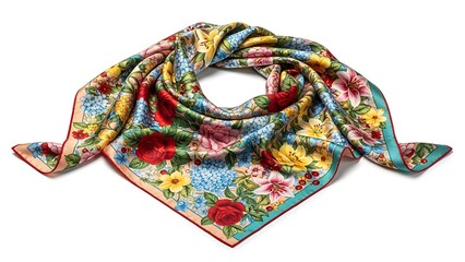 A colorful floral print silk scarf, folded and artfully draped on a plain white background.