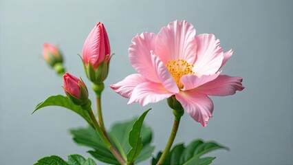 Delicate Pink Blossom with Unopened Buds on a Simple Background