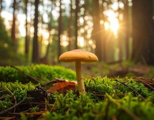 Mushroom in forest floor sunlight