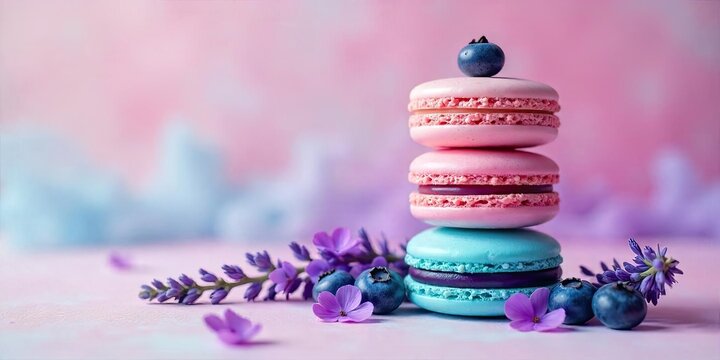 A delightful stack of pastel macarons adorned with blueberries, nestled amongst delicate purple blossoms on a soft pink surface.