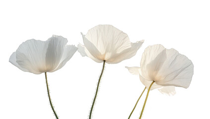 Naklejka premium Three delicate white flowers gracefully arranged against a soft. light background. their translucent petals and slender stems. ideal for nature-themed designs or floral arrangements