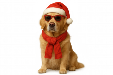 Golden retriever wearing christmas santa hat and red scarf with sunglasses on transparent background