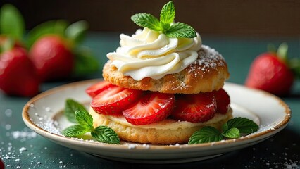 Delightful Strawberry Shortcake Dessert A Sweet Treat with Creamy Topping and Fresh Mint Garnish