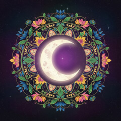 Crescent moon surrounded by a vibrant floral mandala