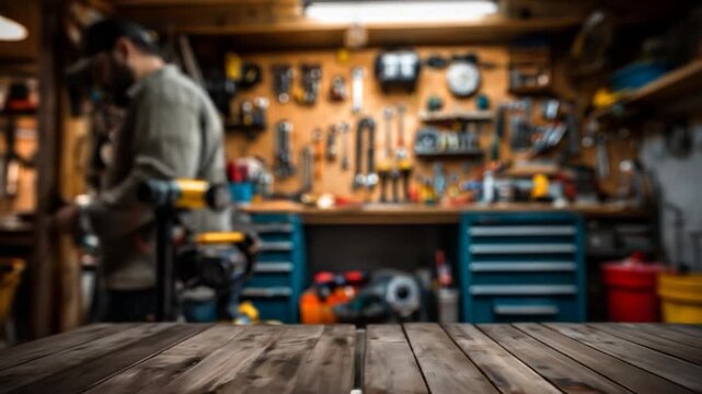 Workshop background with wooden plank table & blurry man, tools, cabinets