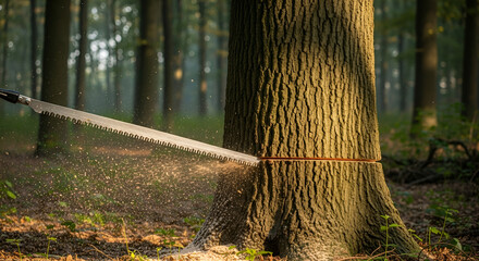 Saw cutting through a tree trunk in a forest with sawdust flying around