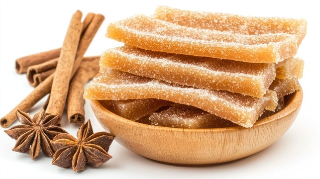 A stack of honey ginger candies sits in a small wooden bowl, accompanied by cinnamon sticks and star anise. The candies are layered and glistening with sugar. The bowl is rustic and natural. 