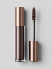 Elegant brown eyebrow mascara with metallic applicator. cosmetic beauty product for makeup and grooming. tube of brow gel and spoolie brush creating sophisticated look
