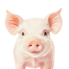 A close-up portrait of an adorable pink piglet with expressive eyes and perked ears. set against a clean white background. its playful nature and charm. ideal for animal-themed projects