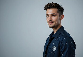 Obraz premium Male Portrait in Dark Blue Patterned Jacket with Emblem Stylized Editorial Solo on Light Gray Background for Fashion or Branding Use
