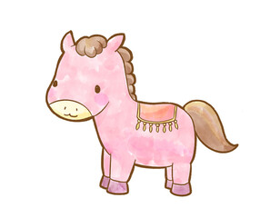 Cute Watercolor style pink Horse Illustration with Copy Space / 水彩風かわいいピンクの馬のイラスト（コピースペースあり）