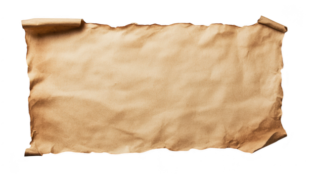 A textured. rolled-up piece of brown parchment paper resting on a clean. white surface. its rustic appearance. ideal for use in creative projects or as a background element