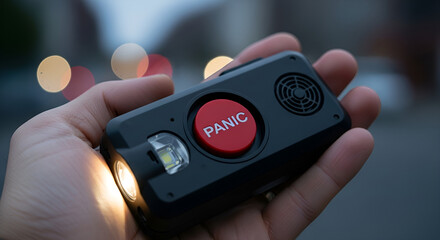 Hand holding a black personal safety alarm with a panic button and flashlight