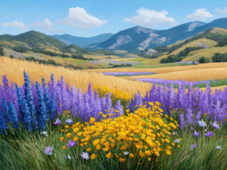 Obraz premium Peaceful and colorful flower field landscape with rural mountains. Vibrant purple and yellow wildflower bloom in summer meadow under beautiful blue sky, serene scene