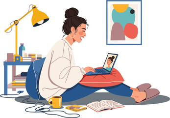 Relaxed young woman on video ...Smiling young woman sitting on the floor with her computer, while making a video call with a friend. Relaxed young woman on video call from home with laptop, coffee and